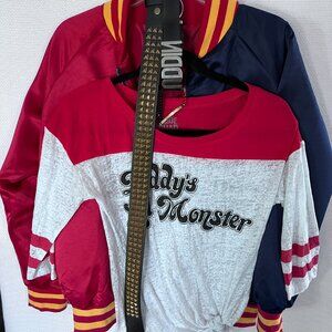Suicide Squad Harley Quinn Costume Set Jacket XL Shirt S Belt, Choker, Bracelet